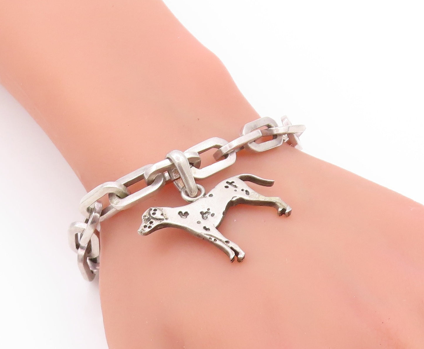 925 Sterling Silver Vintage Bracelet Solid U Chain Dangling Dog Charm  BT11277