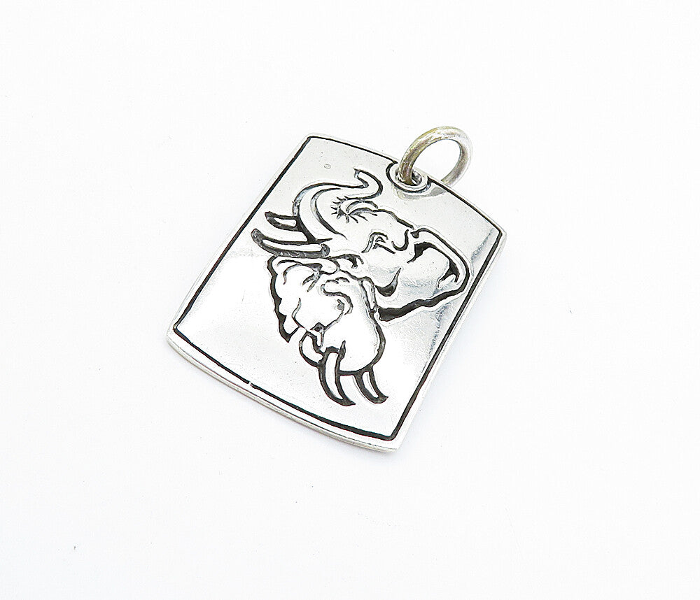 925 Sterling Silver  Vintage Shiny Etched Elephant Square Drop Pendant  PT5734