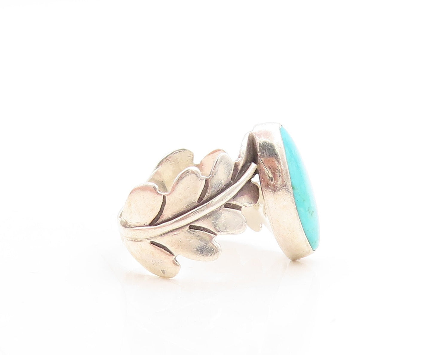 925 Sterling Silver Vintage Ring Cutout Leaf Band Oval Turquoise  Sz 8.5 RG31633