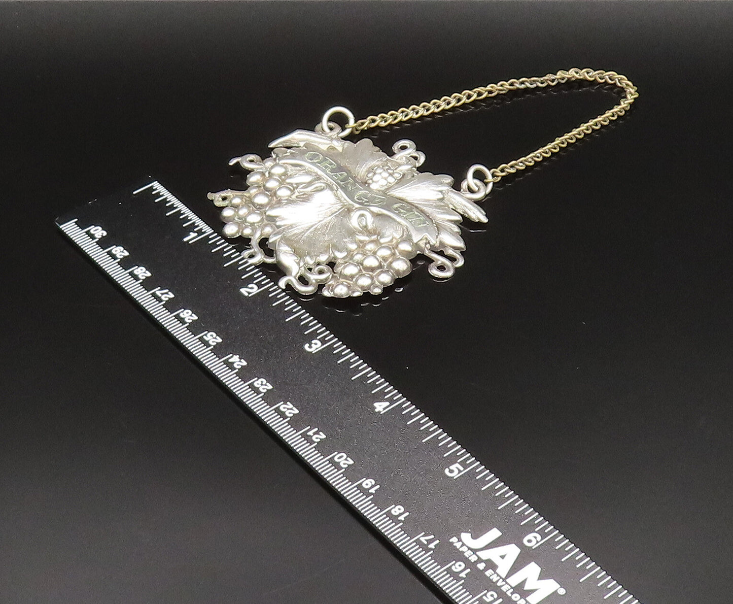 925 Sterling Silver  Vintage Grape Cluster & Leaf Orange Gin Liquor Tag TR3350