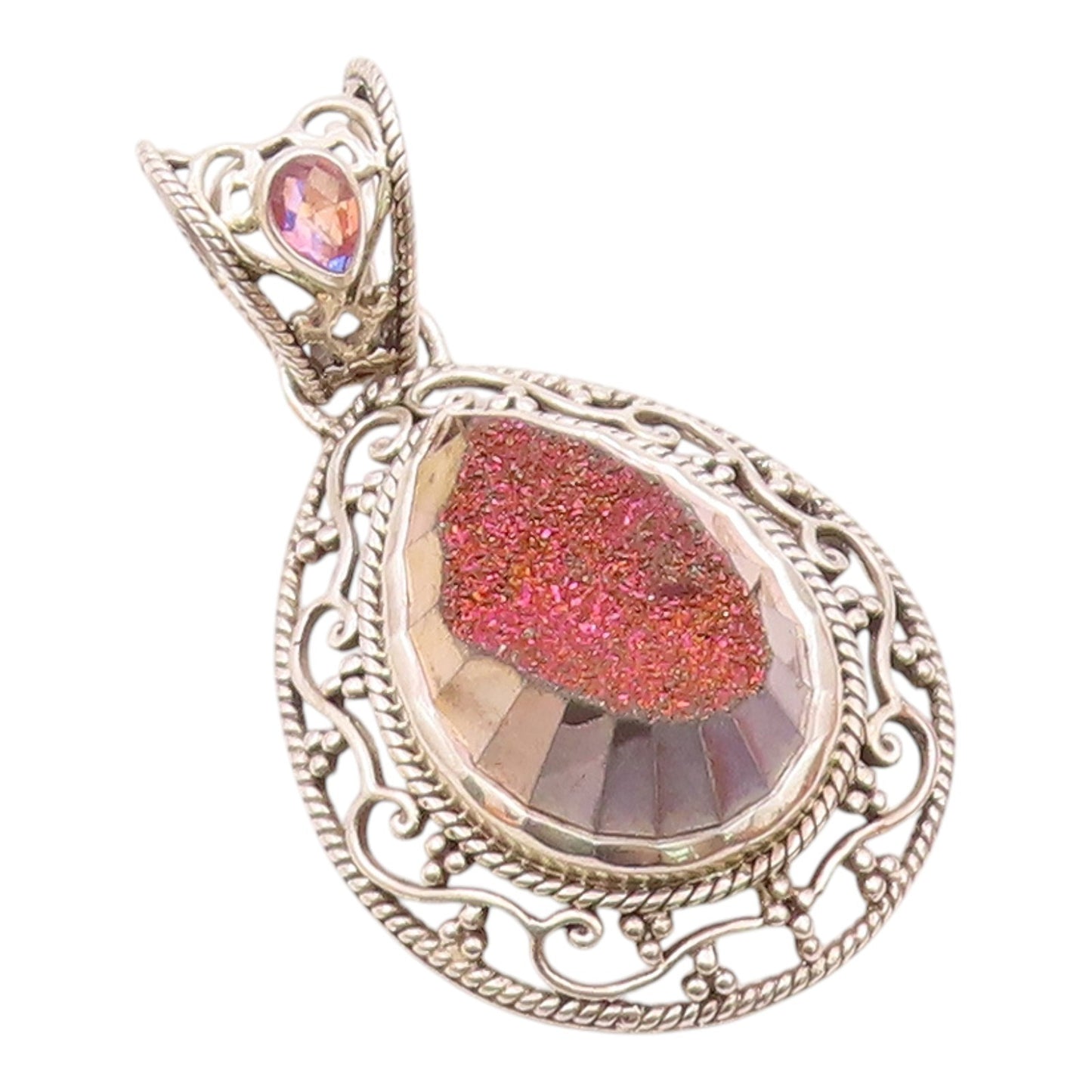 SAJEN 925 Sterling Silver Vintage Druzy Stone Swirl Vine Border Pendant PT16628
