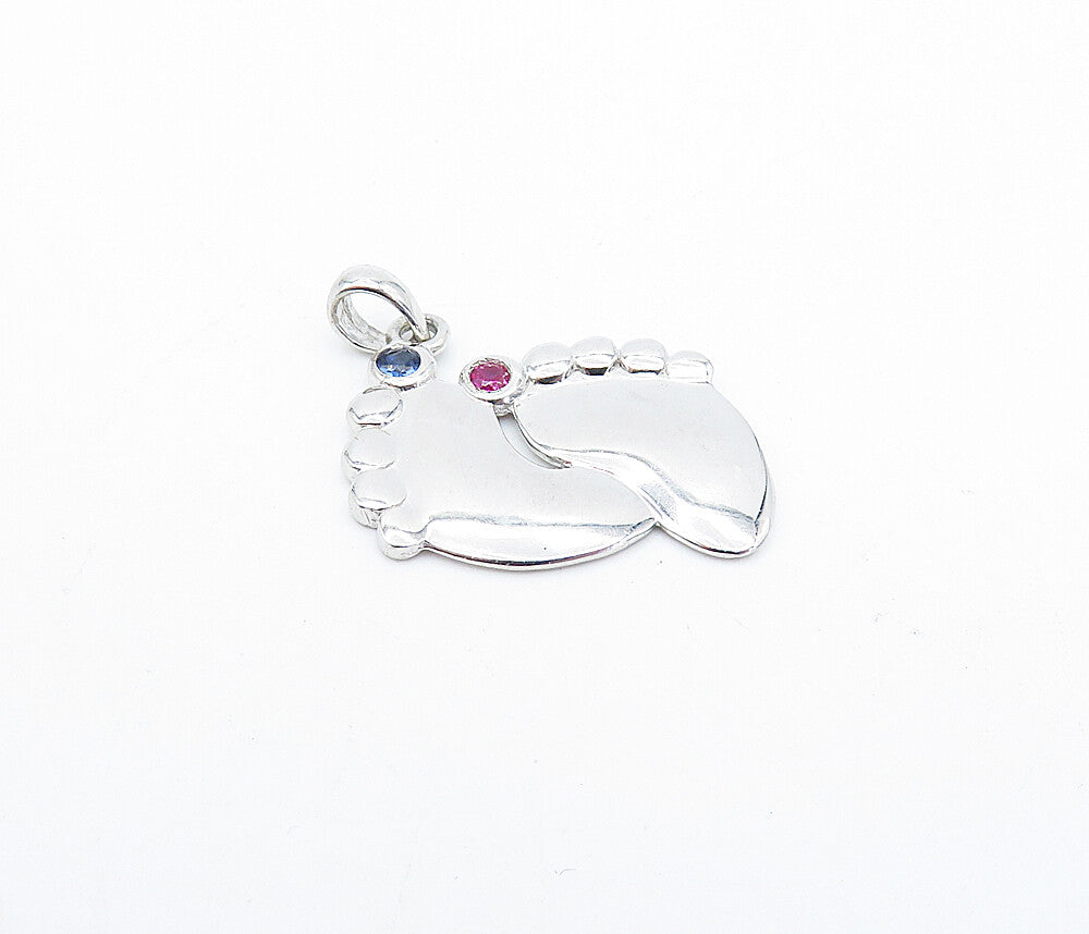 925 Sterling Silver  Pink & Blue Topaz Foot Prints Motif Drop Pendant  PT2796