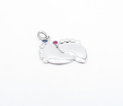 925 Sterling Silver  Pink & Blue Topaz Foot Prints Motif Drop Pendant  PT2796