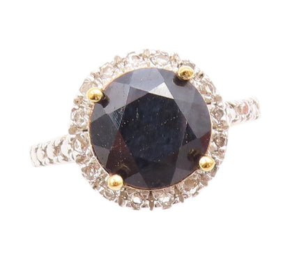 925 Sterling Silver Vintage Ring Gold Plated Sapphire Halo Topaz  Sz 7  RG31863