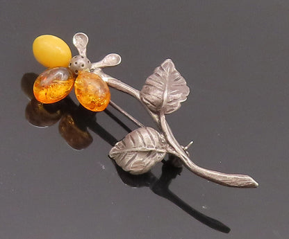 925 Sterling Silver Vintage Brooch Pin POLAND Amber Leaves Carved Flower BP10681