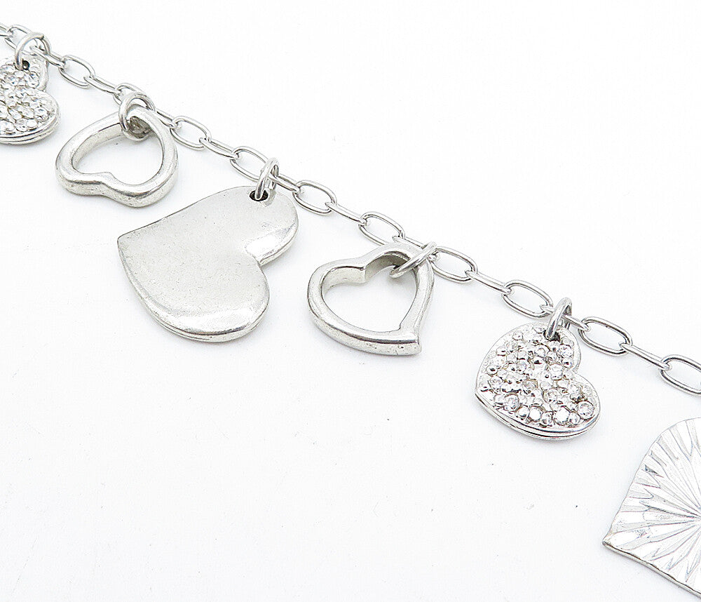 925 Sterling Silver  Vintage Topaz Love Heart Charmed Chain Bracelet  BT1496