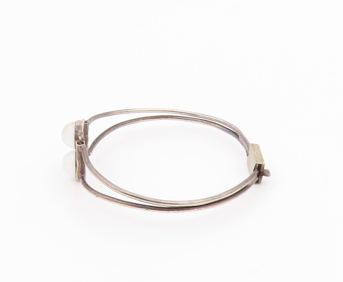 925 Silver  Vintage Double Cabochon Cat's Eye Split Bangle Bracelet  BT9608