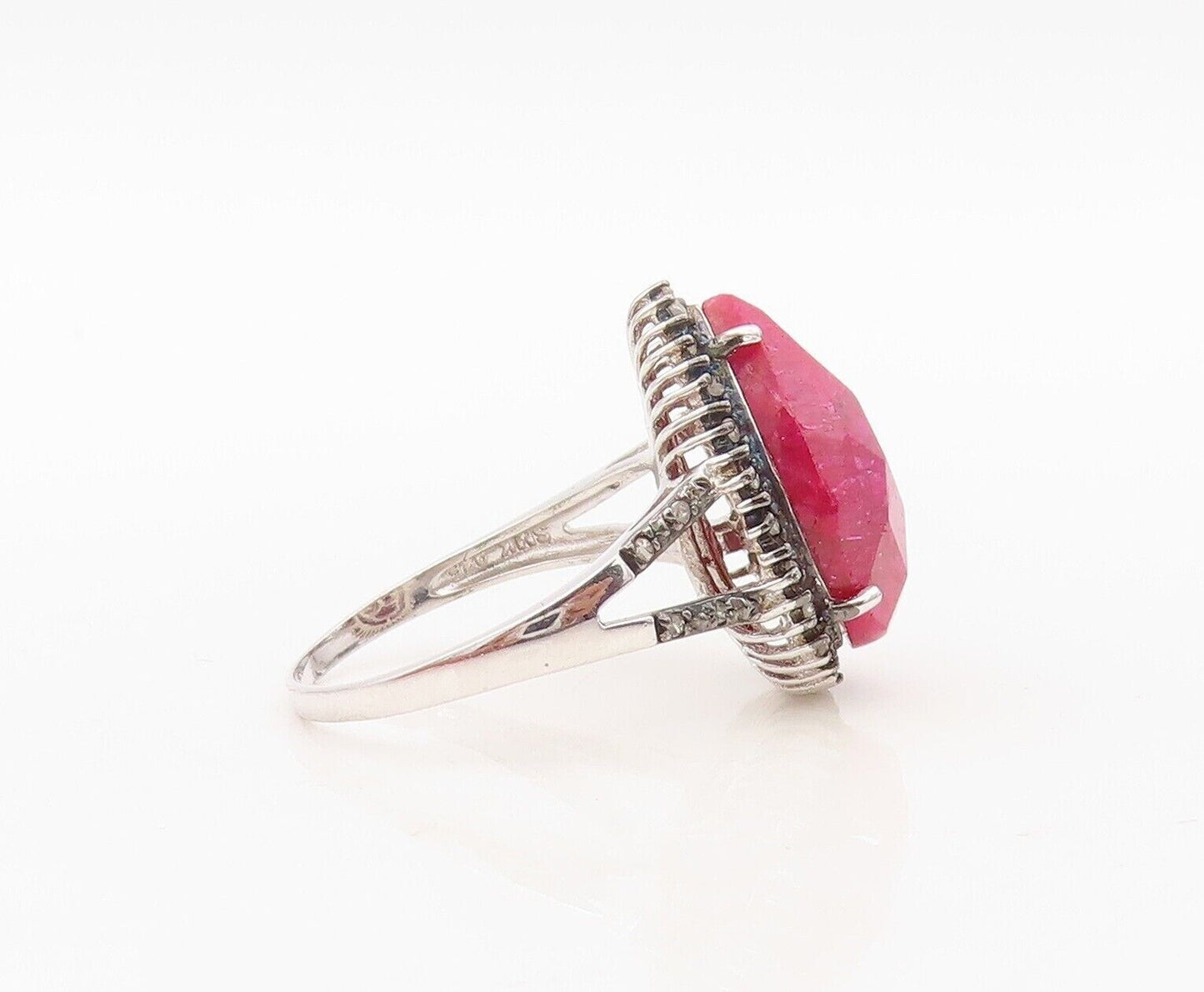 925 Sterling Silver Vintage Ring Diamonds & Round Pink Gemstone Sz 10.5 RG30324