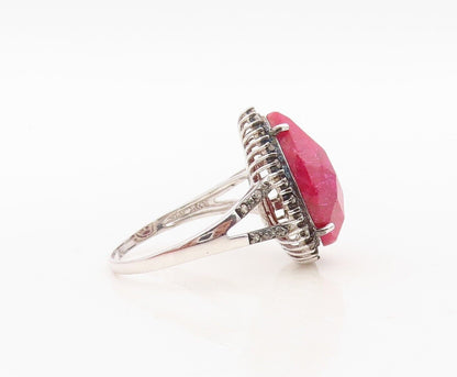 925 Sterling Silver Vintage Ring Diamonds & Round Pink Gemstone Sz 10.5 RG30324