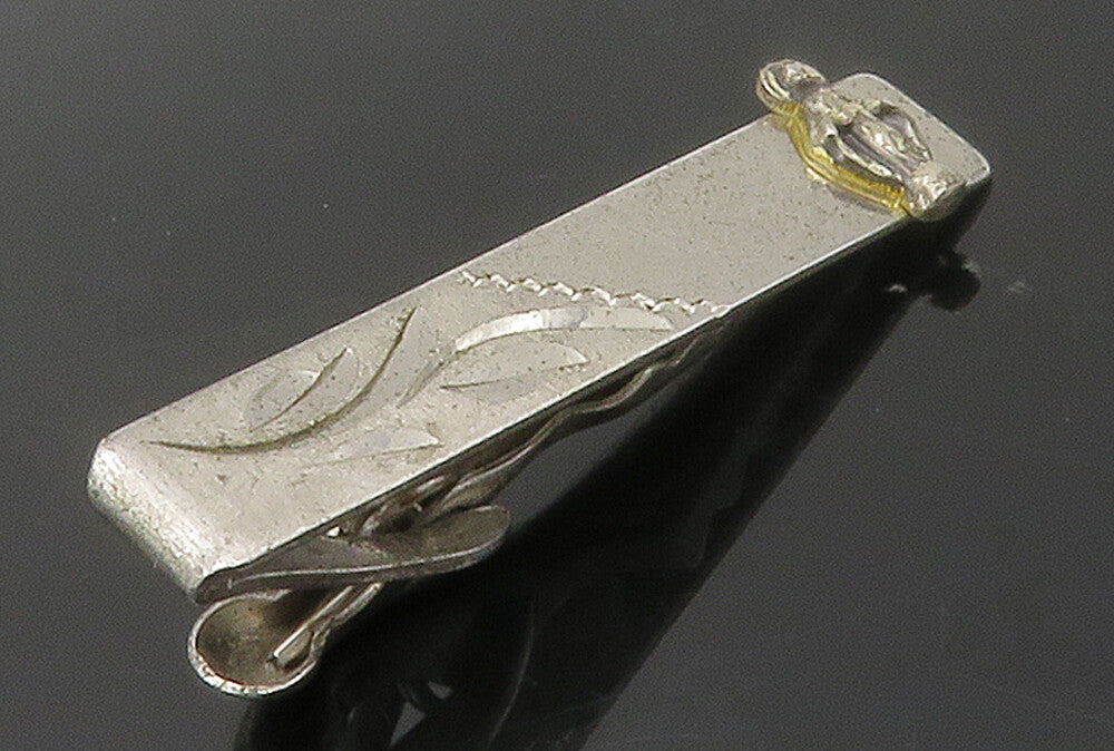 925 Sterling Silver  Vintage Shiny Etched Floral Vine Detail Tie Clip  TR2126