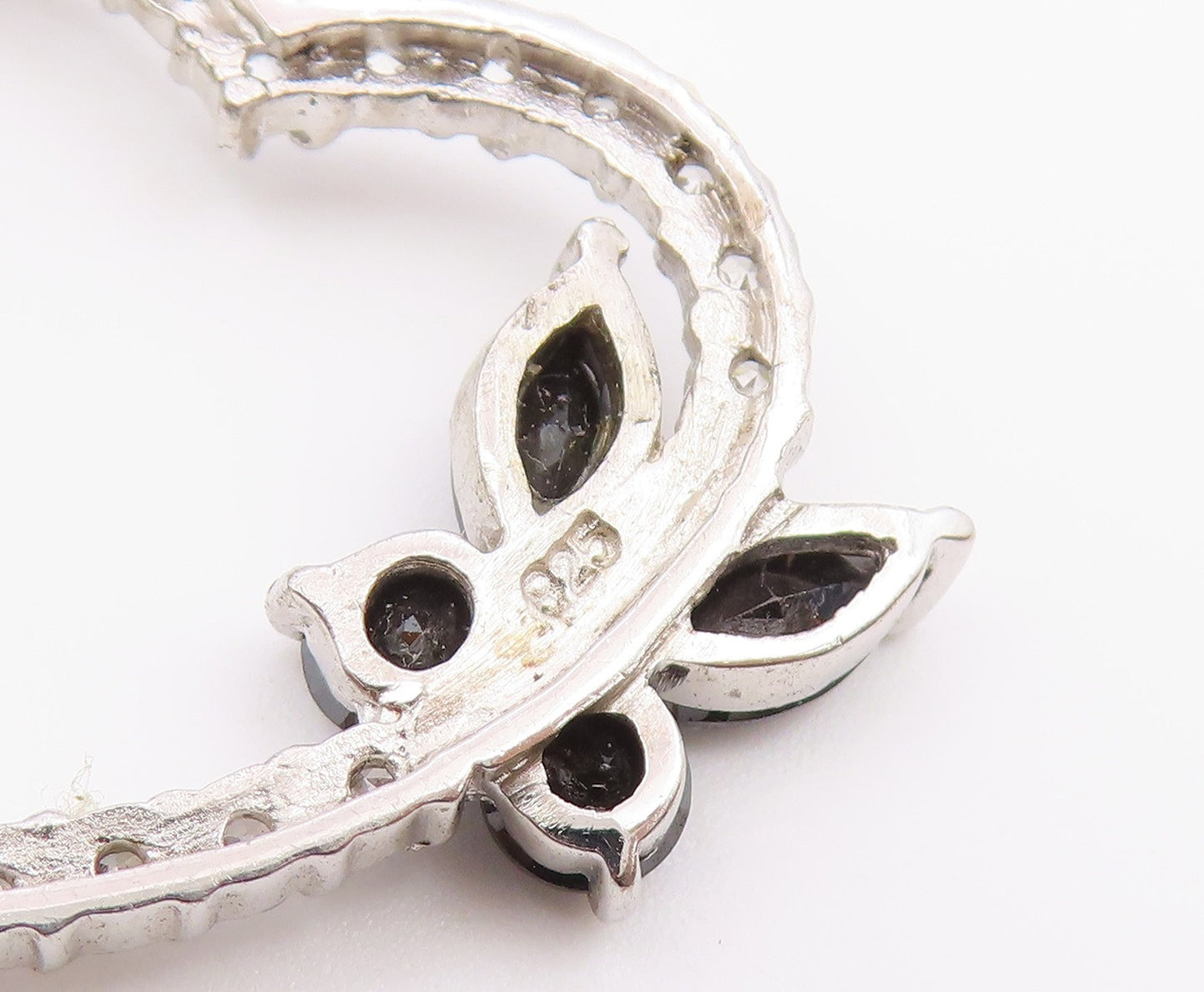 925 Silver  Vintage Cubic Zirconia & Sapphire Butterfly Heart Pendant  PT17083