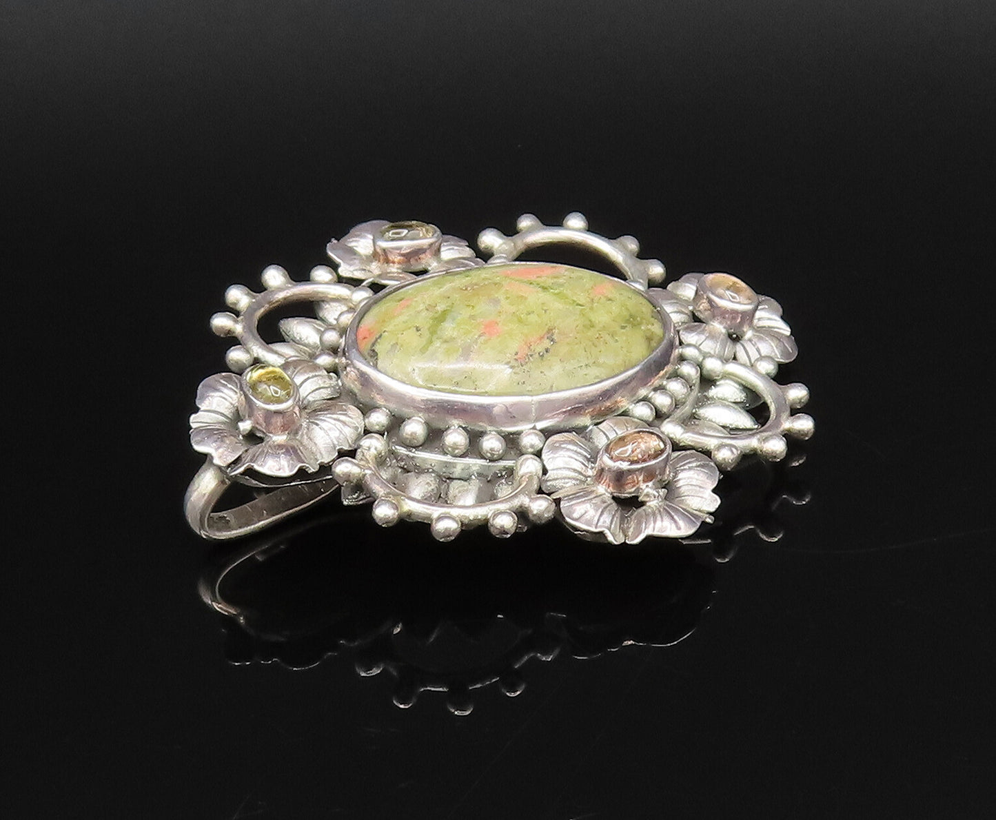 925 Silver  Vintage Cabochon Unakite & Peridot Floral Cluster Pendant  PT21917