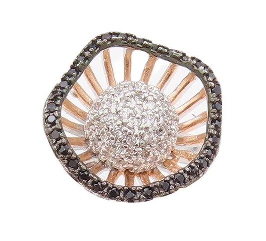 925 Sterling Silver Vintage Ring Onyx & CZ Beaded Designer Flower  Sz 6  RG28529