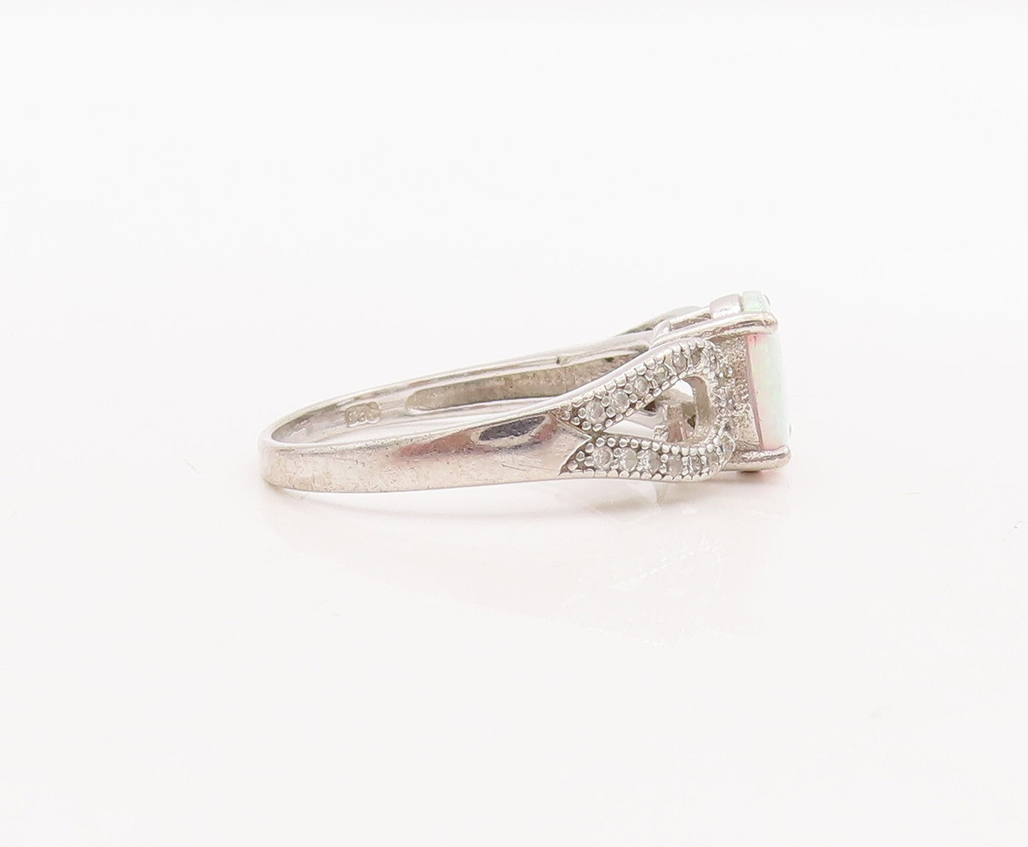 925 Sterling Silver Vintage Ring Loop Neck CZ Inlay & Fire Opal  Sz 9 RG29085