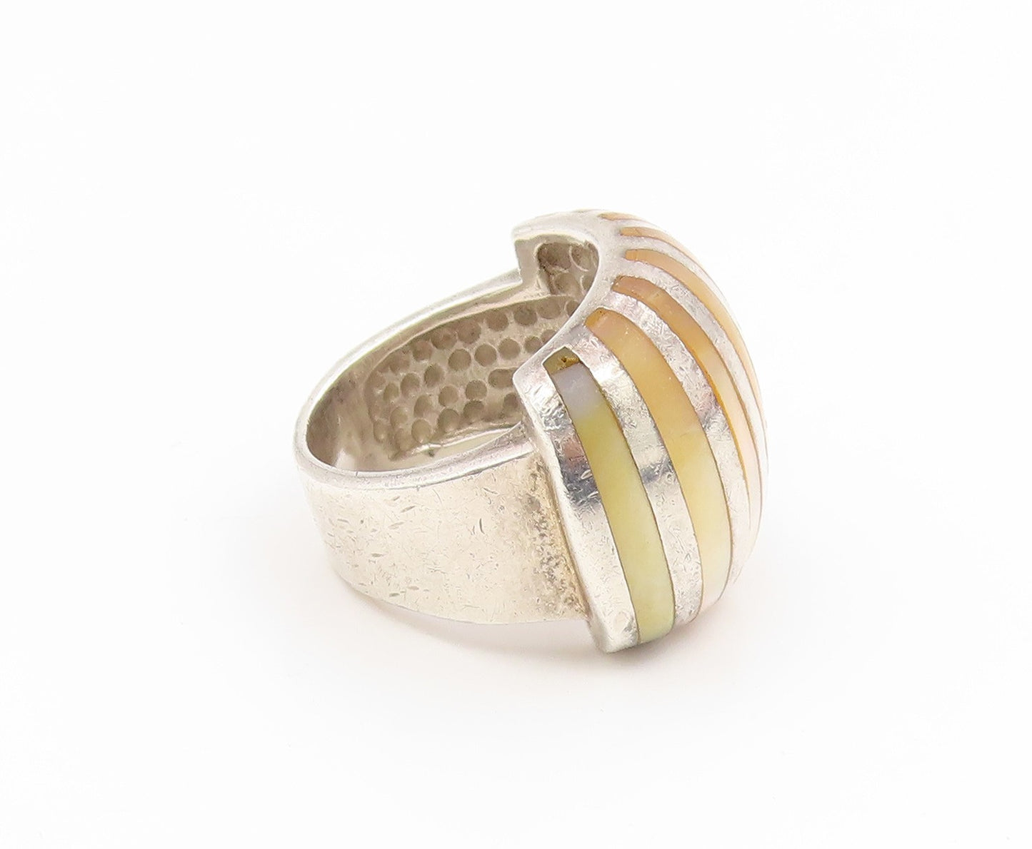 925 Sterling Silver Vintage Ring Mother Of Pearl Inlay Dome Band Sz 4.5 RG35115