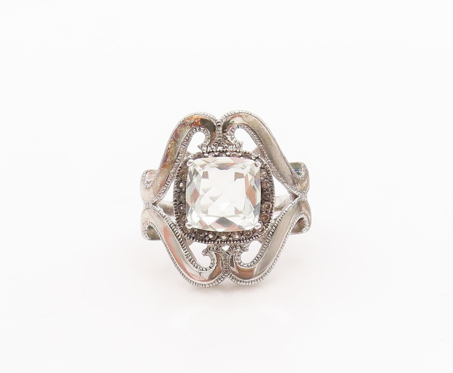 925 Sterling Silver Vintage Ring Swirly Green Amethyst & Diamonds Sz 9.5 RG29611