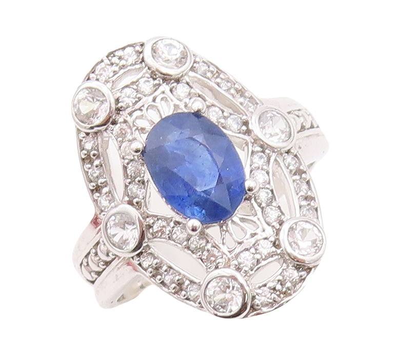 925 Sterling Silver Vintage Ring Oval Sapphire Web Cutout CZ Inlay Sz 7  RG30141
