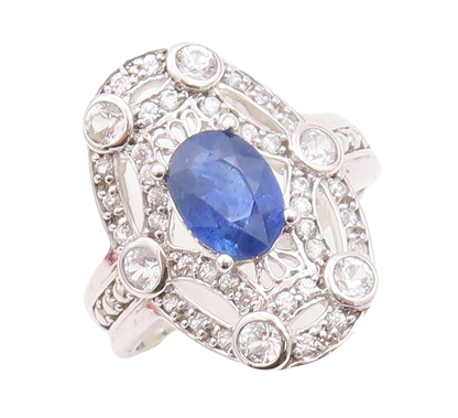 925 Sterling Silver Vintage Ring Oval Sapphire Web Cutout CZ Inlay Sz 7  RG30141