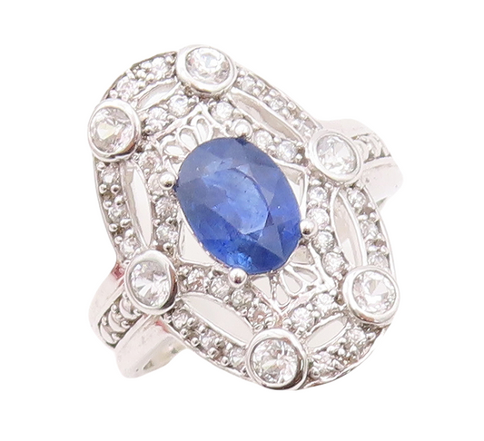 925 Sterling Silver Vintage Ring Oval Sapphire Web Cutout CZ Inlay Sz 7  RG30141