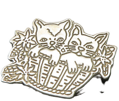 MEXICO 925 Sterling Silver  Vintage Kittens In A Basket Brooch Pin  BP8906