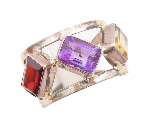 925 Sterling Silver Vintage Ring Rectangle Cut Multi Color Topaz  Sz 7  RG29015