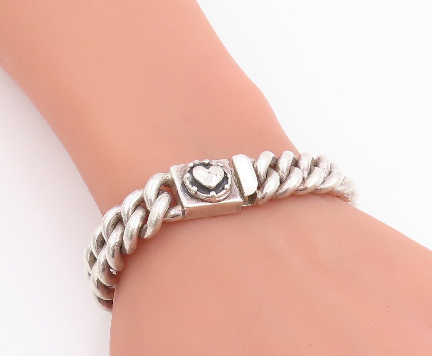 925 Sterling Silver Vintage Bracelet Chunky Love Heart Clasp Curb Chain  BT11816