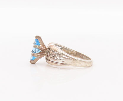 925 Sterling Silver Vintage Ring Swirly Carved Marquise Cut Blue CZ Sz 7 RG28181
