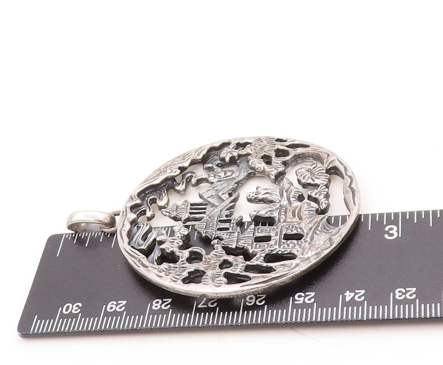 925 Sterling Silver Vintage Pendant NAPIER Dark Tone Village Landscape  PT23841
