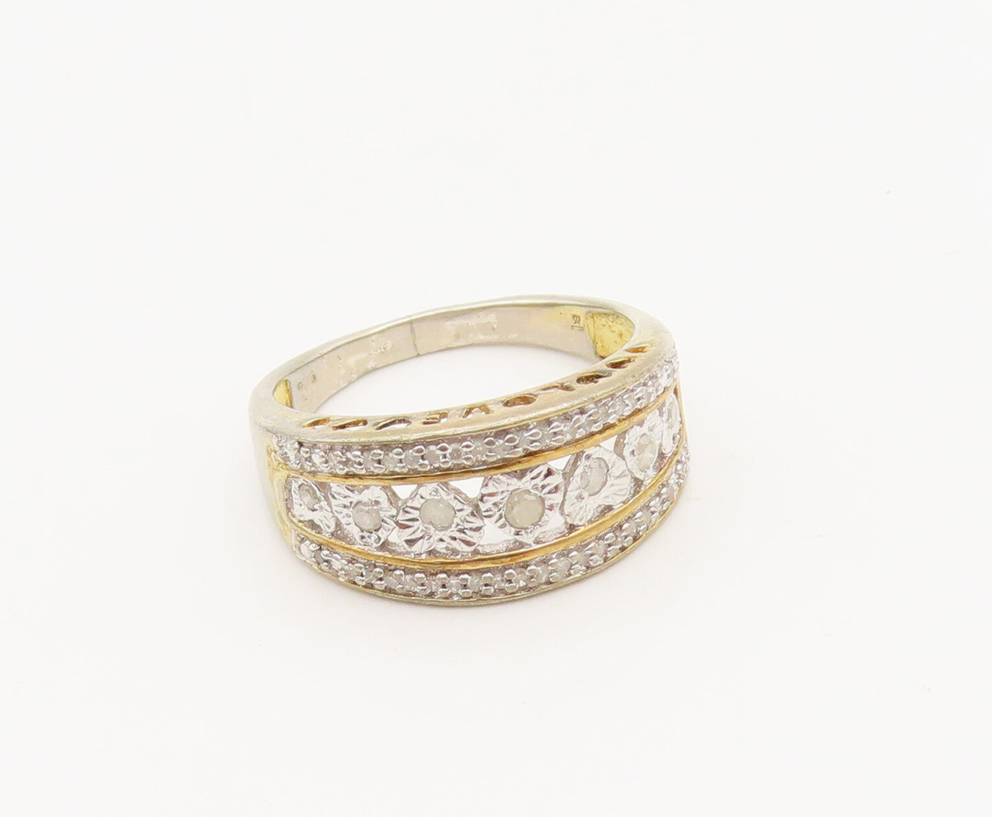 925 Sterling Silver  Vintage Love Heart Cutout Diamond Band Ring Sz 7  RG26937