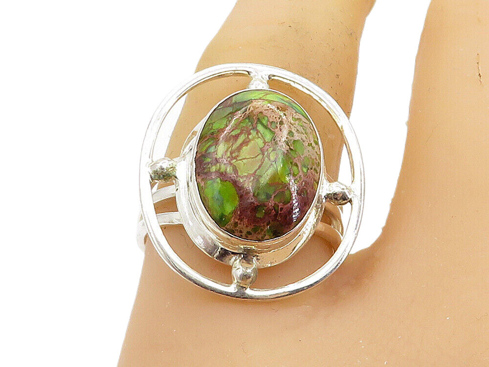 925 Sterling Silver  Green & Purple Jasper Shiny Cocktail Ring Sz 7.5  RG8036