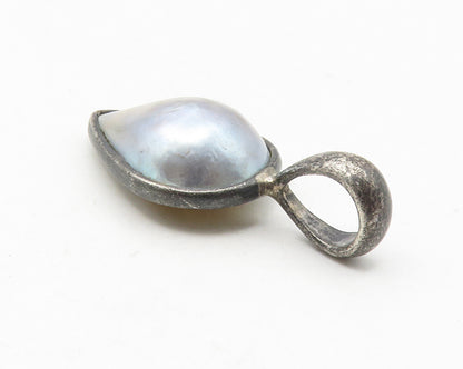 925 Sterling Silver  Vintage Blue Mother Of Pearl Dark Tone Pendant  PT9466