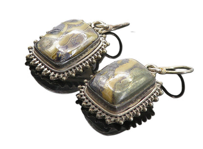 925 Sterling Silver  Vintage Cabochon Cut Hematite Dangle Earrings  EG3907