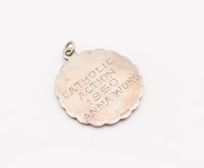 925 Sterling Silver Vintage Pendant Solid Religious Carved Bordered Coin PT23122