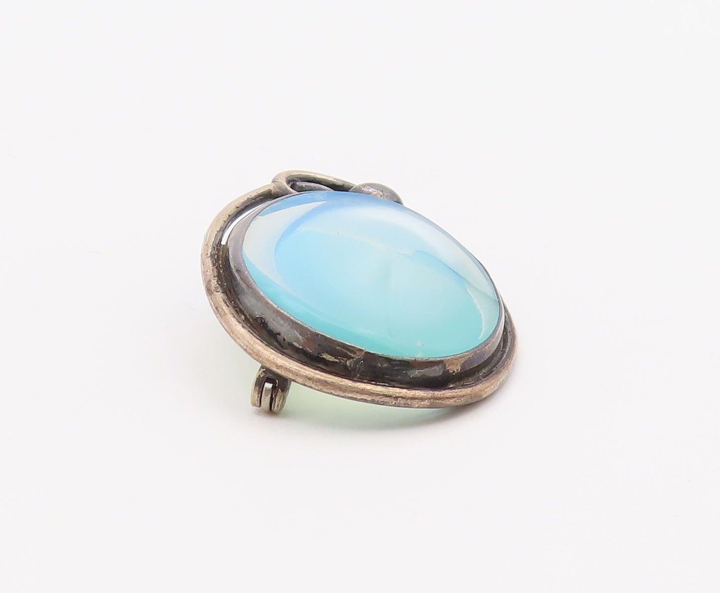 925 Sterling Silver  Vintage Blue Stone Oval Swirl Border Brooch Pin  BP8051