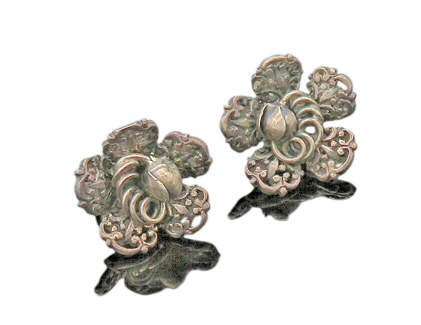 925 Sterling Silver  Vintage Antique Flower Motif Non Pierce Earrings  EG10819