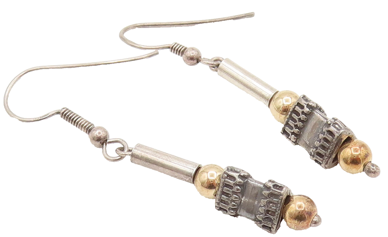925 Silver  Vintage Two Tone Beads Bar & Cubed Triangle Earrings  EG12360