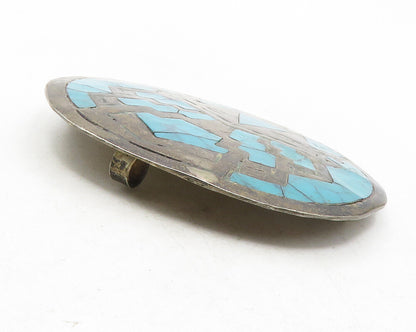 MEXICO 925 Sterling Silver  Vintage Inlaid Turquoise Face Brooch Pin  BP4683