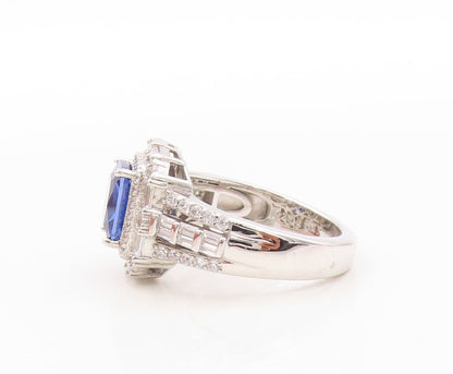 925 Sterling Silver Vintage Ring Designer Rectangle Sapphire & CZ  Sz 7 RG30895