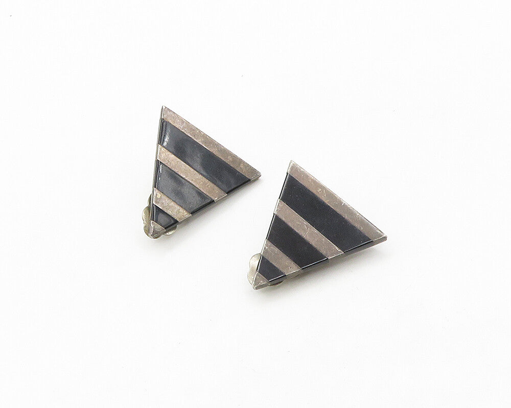 MEXICO 925 Silver  Vintage Black Onyx Striped Non Pierce Drop Earrings  EG9740