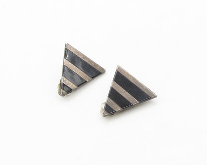 MEXICO 925 Silver  Vintage Black Onyx Striped Non Pierce Drop Earrings  EG9740