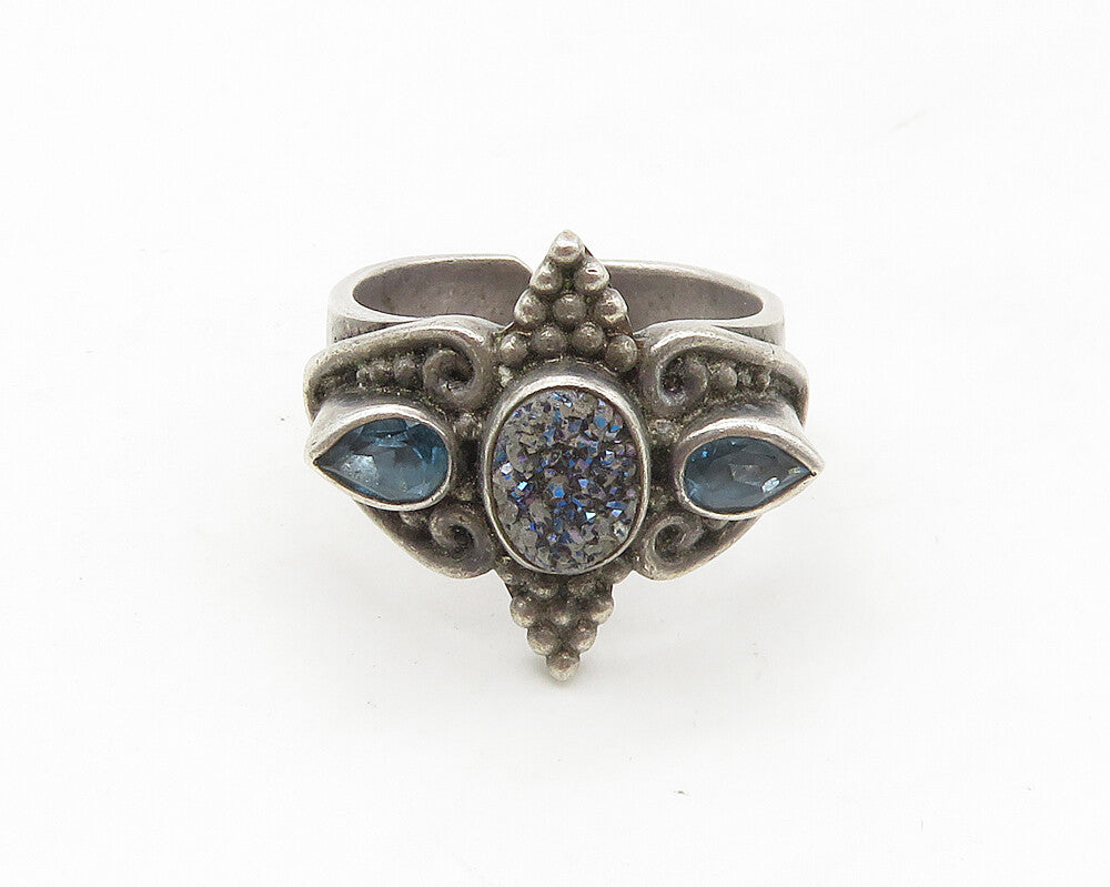 SAJEN 925 Silver  Vintage Druzy Stone & Blue Topaz Band Ring Sz 9  RG17522