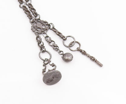 925 Sterling Silver Vintage Keychain Dark Tone Fob Chain With Charms  TR4068