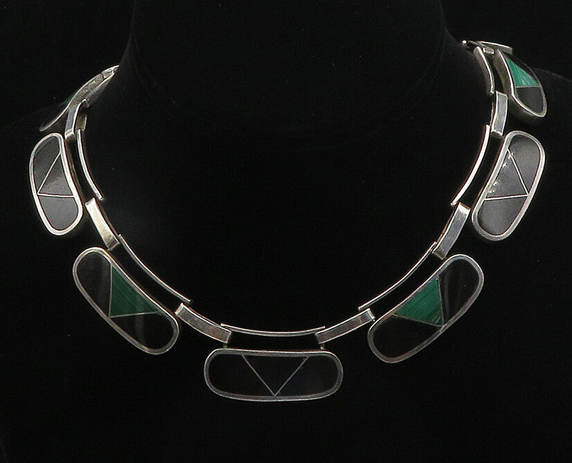 MEXICO 925 Sterling Silver Vintage Inlaid Gemstone Heavy Chain Necklace  NE3178