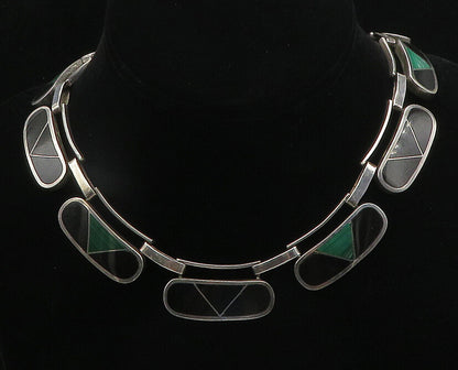 MEXICO 925 Sterling Silver Vintage Inlaid Gemstone Heavy Chain Necklace  NE3178