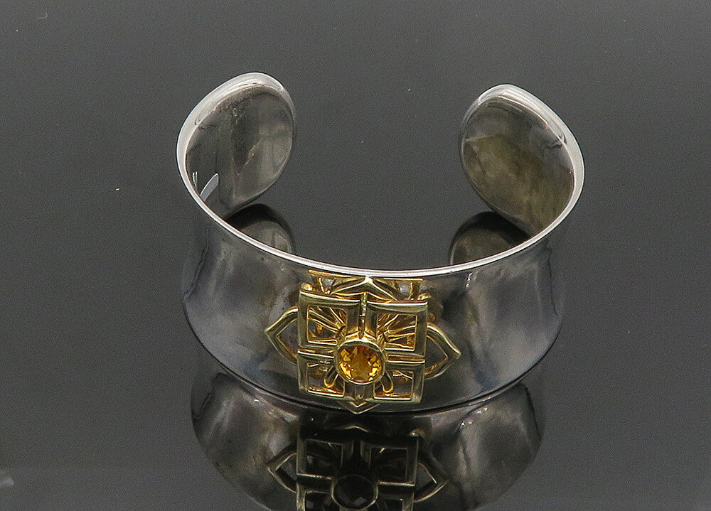 925 Sterling Silver & 14K GOLD Vintage Real Citrine Floral Cuff Bracelet  BT8093