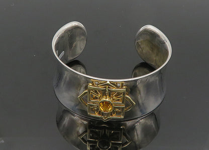 925 Sterling Silver & 14K GOLD Vintage Real Citrine Floral Cuff Bracelet  BT8093