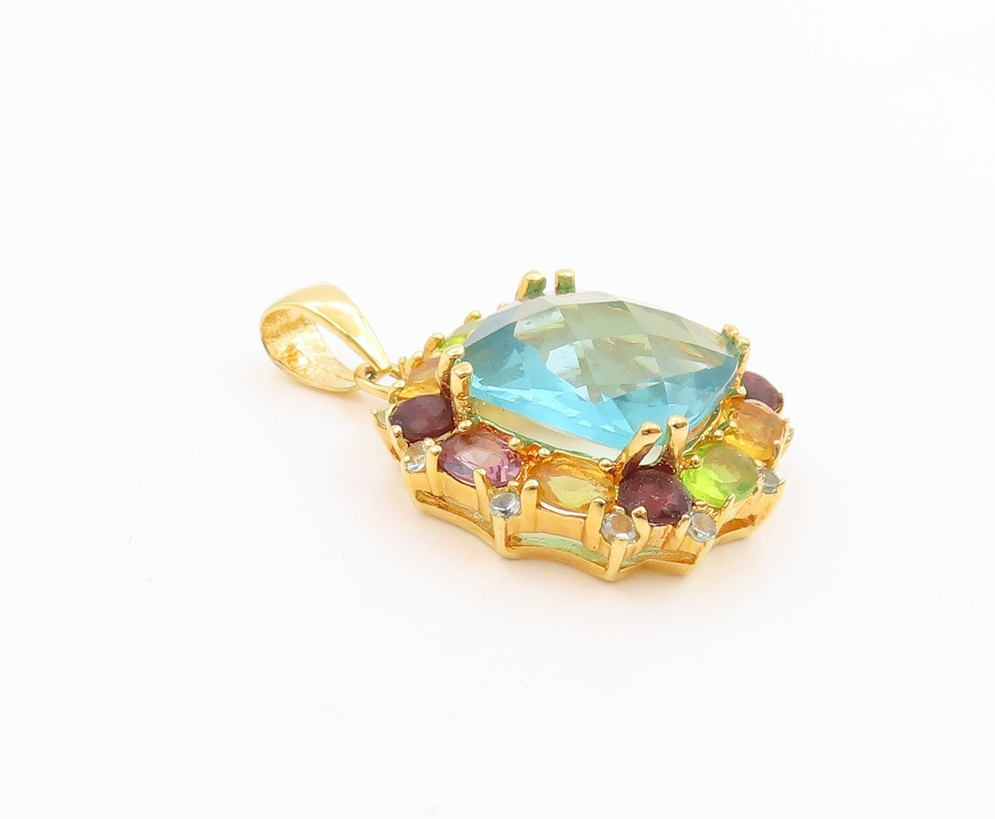 925 Sterling Silver Vintage Pendant Gold Plated Multi Gemstone Charm  PT26213