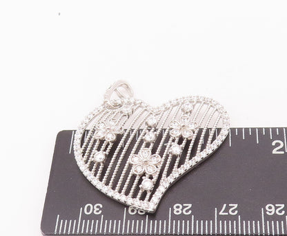 925 Sterling Silver Vintage Pendant Cutout CZ Heart & Grilled Flowers  PT22805