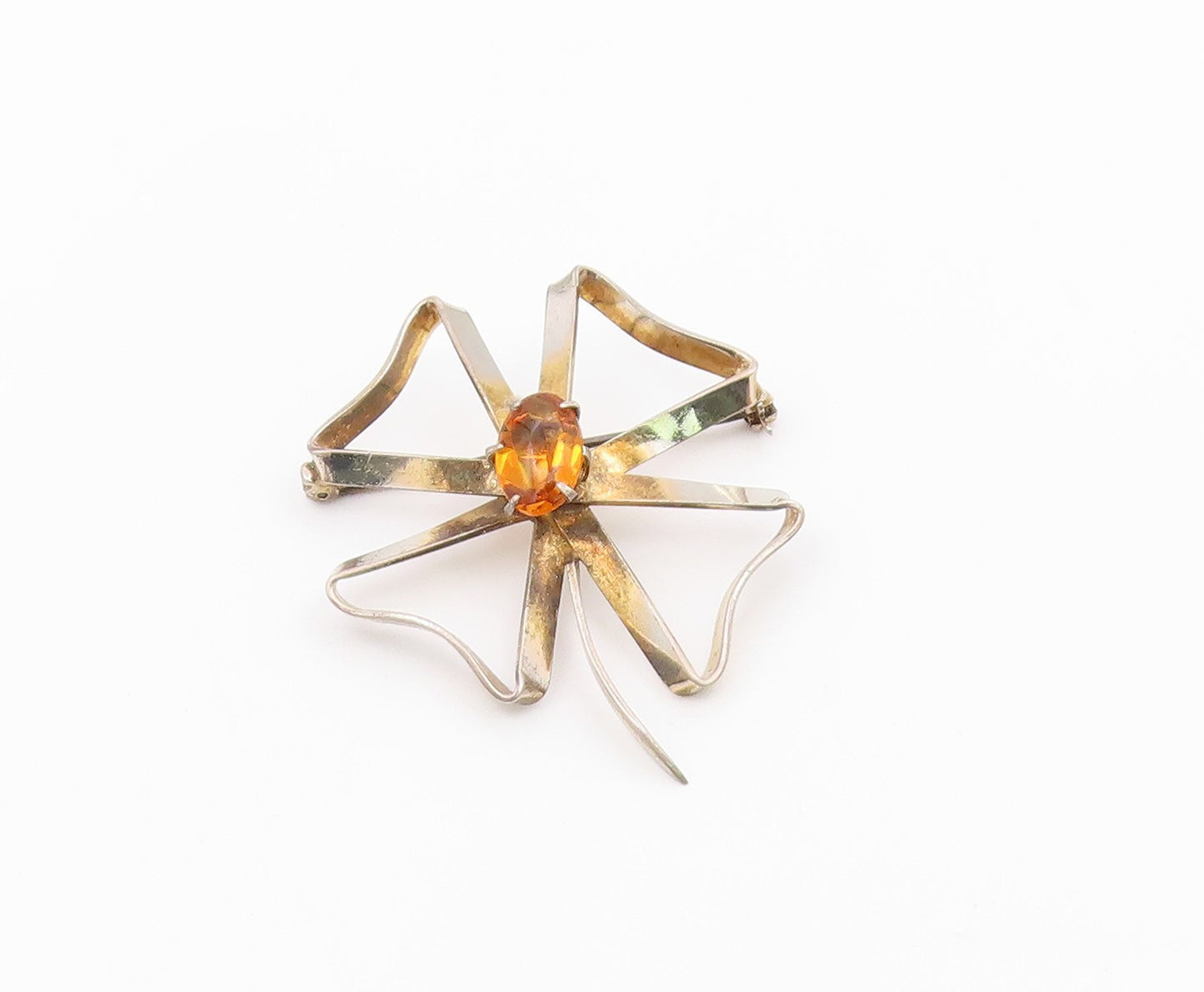 925 Sterling Silver  Vintage Citrine Ribbon Flower Shiny Brooch Pin  BP4975