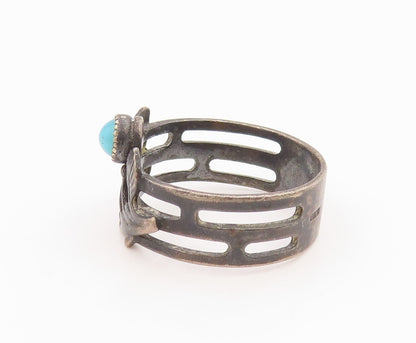 925 Sterling Silver Vintage Ring EAST EUROPE Turquoise Etched Leaf Sz 7 RG35735